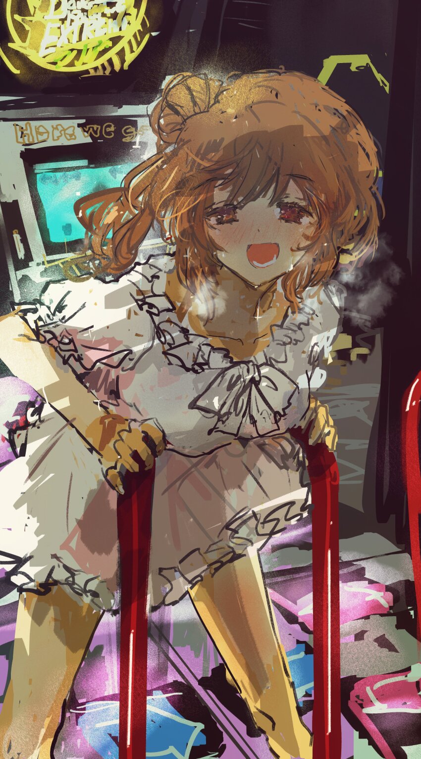 1girl absurdres against_railing arcade_cabinet bemani blush breasts breath brown_eyes brown_hair cevio commentary_request dance_dance_revolution dance_pad dress exhausted feet_out_of_frame hair_bun highres indoors kabuyama_kaigi large_breasts leaning_forward legs_apart long_hair looking_at_viewer open_mouth puffy_short_sleeves puffy_sleeves railing satou_sasara short_dress short_sleeves side_ponytail single_hair_bun smile solo sweat very_sweaty white_dress