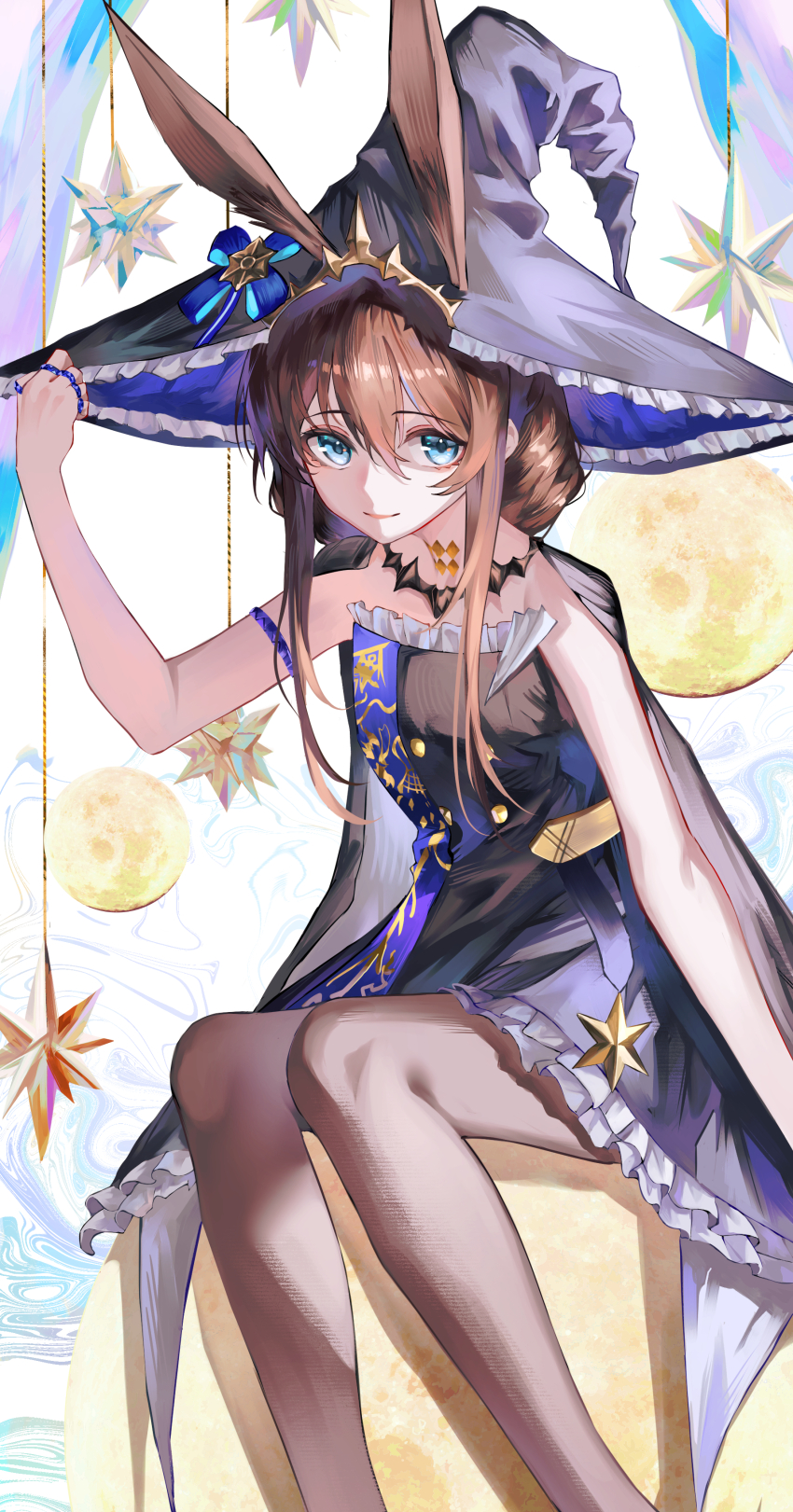 1girl absurdres ambience_synesthesia amiya_(arknights) amiya_(medic)_(arknights) amiya_(medic)_(solo_around_the_world)_(arknights) animal_ears arknights armlet black_cape black_dress black_hat blue_bow blue_eyes bow brown_hair brown_pantyhose cape closed_mouth commentary_request dress ears_through_headwear extra_ears feet_out_of_frame frilled_dress frilled_hat frills hair_between_eyes hand_up hat highres jewelry large_hat long_hair long_sidelocks looking_at_viewer multiple_rings official_alternate_costume pantyhose puranetto_(vjun4748) rabbit_ears rabbit_girl ring sidelocks sitting smile solo three_quarter_view witch_hat