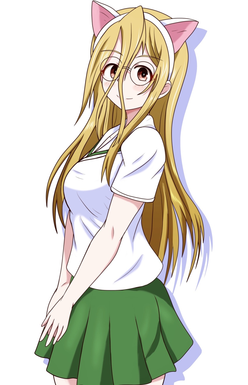 1girl animal_ears blonde_hair blouse brown_eyes cat_ears closed_mouth commentary fake_animal_ears from_side girls_und_panzer glasses hair_between_eyes highres long_hair looking_at_viewer meiya miniskirt nekonyaa_(girls_und_panzer) no_neckwear ooarai_school_uniform own_hands_together pleated_skirt rimless_eyewear round_eyewear sailor_collar school_uniform serafuku shadow shirt short_sleeves simple_background skirt smile solo standing white_background white_sailor_collar