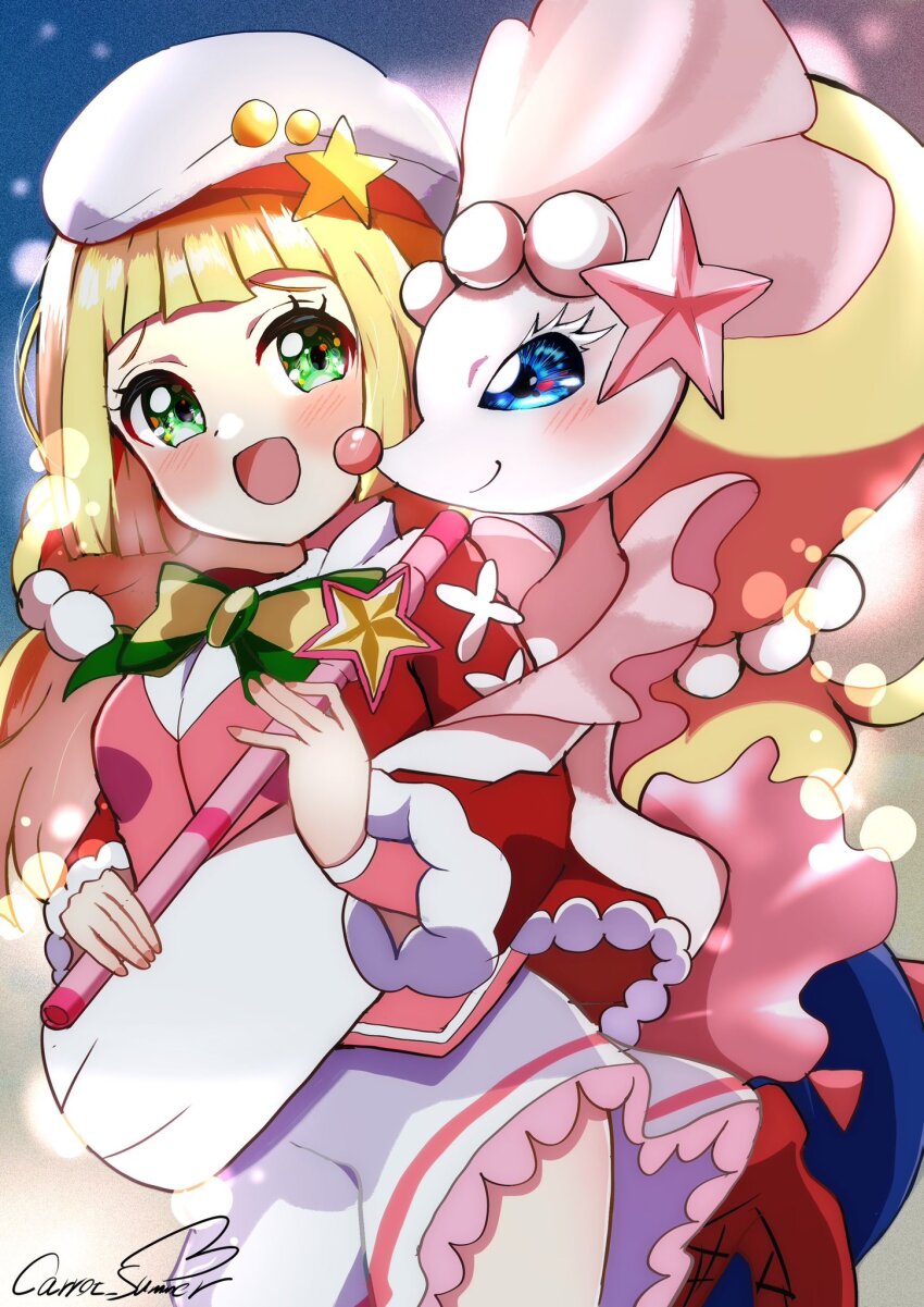 1girl :d alternate_color blonde_hair blue_eyes blush carrot_summer dress flute gen_7_pokemon green_eyes hat highres holding holding_flute holding_instrument hug instrument lillie_(holiday_2024)_(pokemon) lillie_(pokemon) long_hair long_sleeves nintendo official_alternate_costume open_mouth pokemon pokemon_(creature) pokemon_masters_ex primarina recorder shiny_pokemon signature smile white_hat