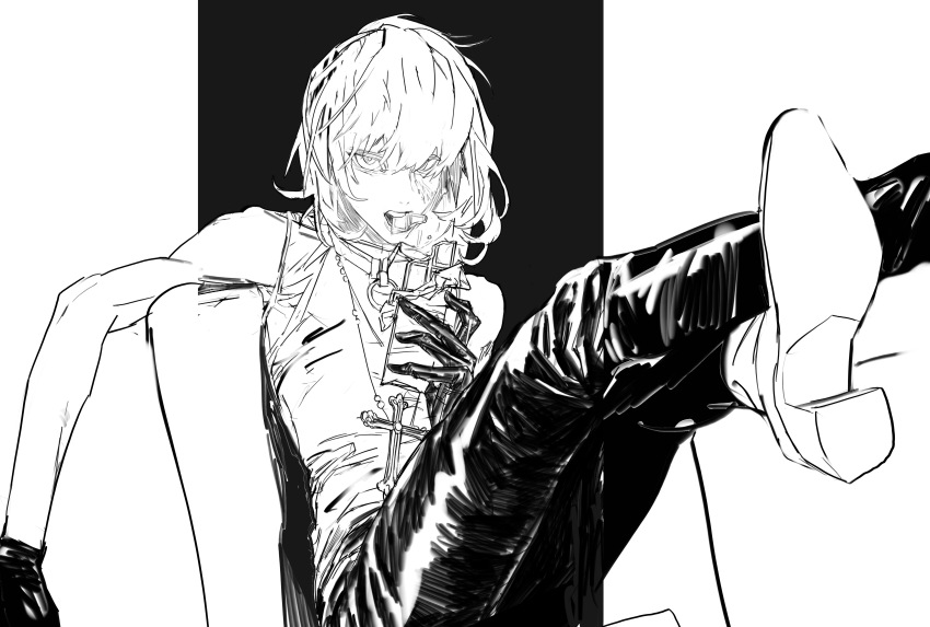 1boy absurdres bare_shoulders belt_collar candy chinese_commentary chocolate chocolate_bar collar commentary_request cross cross_necklace death_note dress_shoes food gloves greyscale hair_between_eyes highres holding holding_candy holding_food jewelry lomizuki looking_at_viewer male_focus mello_(death_note) monochrome necklace pants parted_lips shiny_clothes shirt shoes sitting sleeveless sleeveless_shirt solo teeth unfinished upper_teeth_only