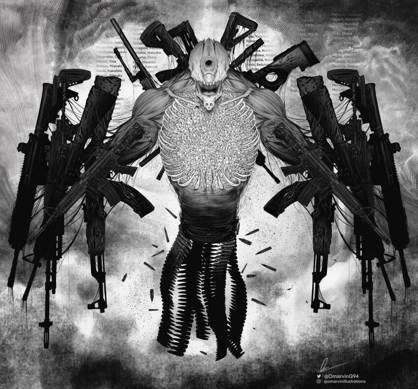absurdres agni_(fire_punch) agni_face_(meme) ai_arctic_warfare ak-47 ammunition_belt artist_name assault_rifle bolt_action bullet chainsaw_man english_text exposed_muscle fire_punch greyscale gun gun_devil_(chainsaw_man) h&amp;k_hk416 highres instagram_logo instagram_username kalashnikov_rifle m16 m16a4 m4_carbine marvin_(omarvin) meme mk_14_ebr monochrome monster pepe_the_frog pogchamp_(meme) rail_(weapon) rifle signature skull sniper_rifle twitter_logo twitter_username weapon
