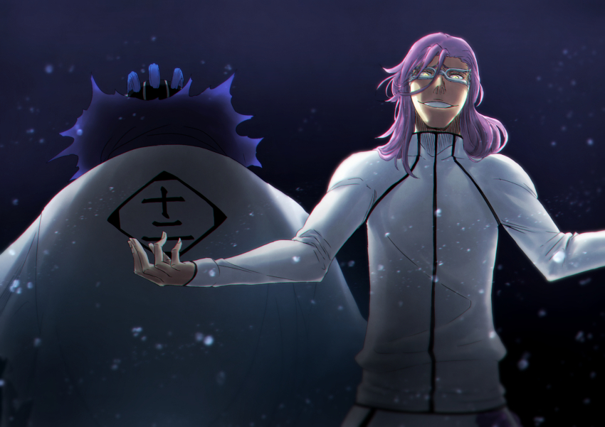 2boys back-to-back black_background bleach bleach:_sennen_kessen-hen blue_hair commentary_request cowboy_shot crazy_eyes crazy_smile eyelashes glasses hair_between_eyes haori highres japanese_clothes kurotsuchi_mayuri light_particles long_sleeves looking_at_viewer male_focus medium_hair mitarashi_(5333069) multiple_boys outstretched_arms parted_lips pink_hair raised_eyebrows shirt short_hair simple_background sleeves_past_wrists smile spoilers straight_hair szayelaporro_granz tsurime white-framed_eyewear white_shirt yellow_eyes