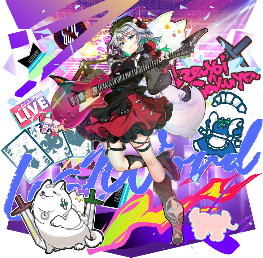 1girl alternate_costume alternate_headwear_color animalization black_bow black_dress black_gloves black_headdress black_leg_warmers black_shoes blue_eyes bow braid card character_doll character_name closed_mouth dog doll dress fingerless_gloves flandre_scarlet game_cg gloves grey_hair guitar hair_bow highres holding holding_guitar holding_instrument instrument izayoi_sakuya knife leg_up leg_warmers long_hair long_sleeves looking_at_viewer maid_headdress multicolored_dress official_art person_and_animalization playing_card puffy_long_sleeves puffy_sleeves red_nails remilia_scarlet rotte_(1109) shoes smile solo thigh_strap third-party_source touhou touhou_lostword transparent_background twin_braids unworn_clothes