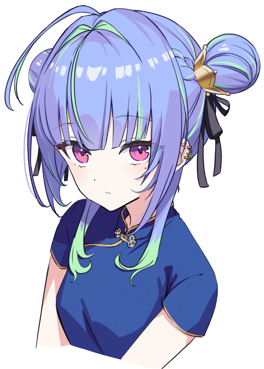 1girl alternate_costume black_bow blue_dress blue_hair blunt_bangs bow braid breasts china_dress chinese_clothes closed_mouth crown_hair_ornament double_bun dress earrings expressionless green_hair hair_bow hair_bun hair_intakes highres jewelry looking_at_viewer medium_hair mole mole_under_eye multicolored_hair nanashi_inc. ougimaneki pink_eyes simple_background small_breasts solo suzumi_nemo two-tone_hair upper_body virtual_youtuber white_background