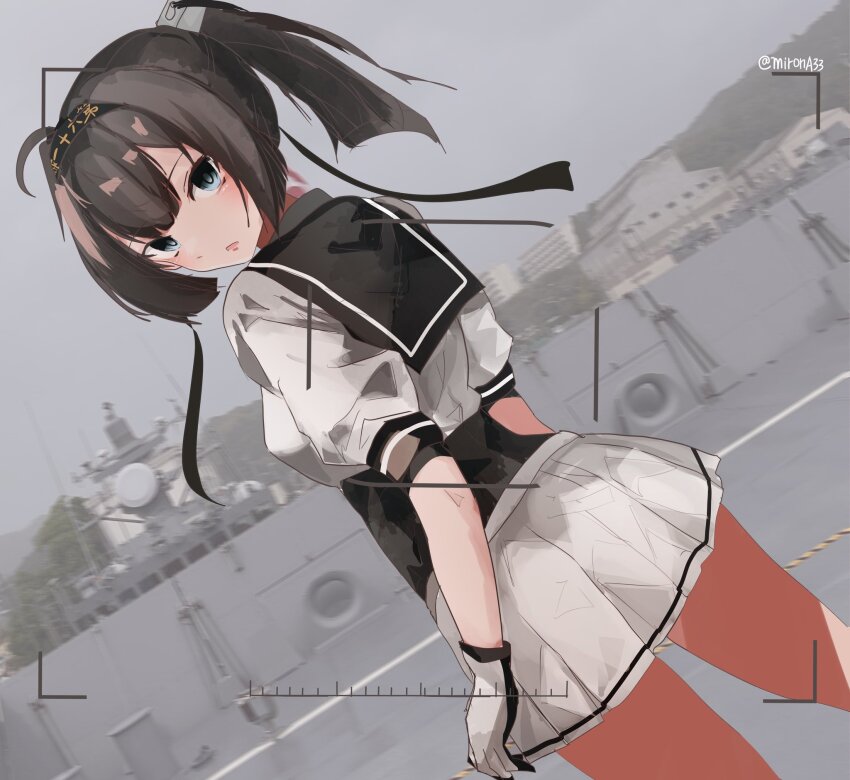 1girl akizuki_(kancolle) black_hair black_sailor_collar corset day dutch_angle from_behind gloves highres kantai_collection looking_at_viewer looking_back miron_(mirona33) one-hour_drawing_challenge outdoors pleated_skirt ponytail sailor_collar school_uniform serafuku ship short_sleeves skirt solo standing viewfinder watercraft white_gloves white_skirt