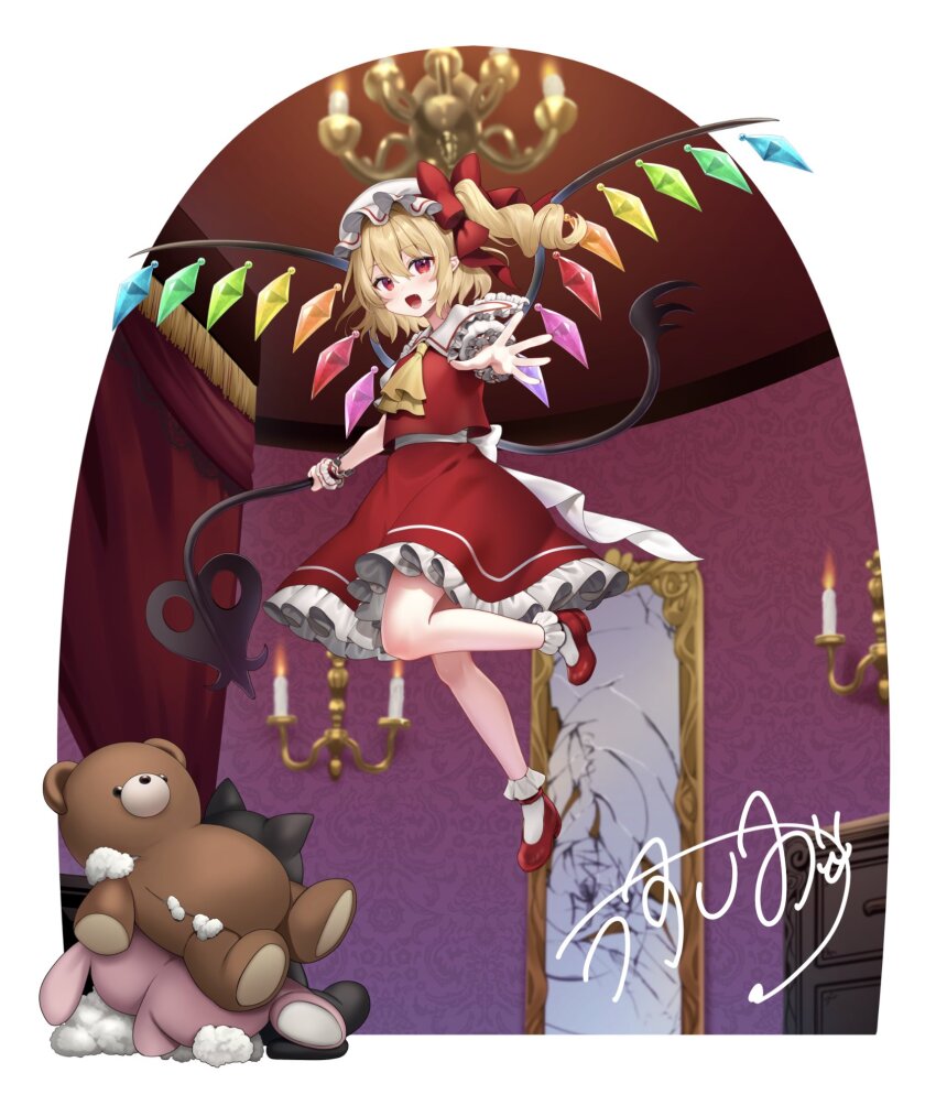1girl :d ascot blonde_hair bobby_socks bow candelabra candle candlestand collared_shirt commentary fang faux_figurine flandre_scarlet frilled_shirt_collar frills full_body hair_between_eyes hair_bow hat highres holding holding_weapon laevatein_(touhou) long_hair looking_at_viewer mirror mob_cap one_side_up open_mouth outstretched_arm picture_frame puffy_short_sleeves puffy_sleeves reaching reaching_towards_viewer red_bow red_eyes red_shoes red_skirt red_vest shattered shirt shoes short_sleeves signature skirt smile socks solo stuffed_animal stuffed_toy symbol-only_commentary teddy_bear touhou usushio vest weapon white_hair white_shirt white_socks wings yellow_ascot