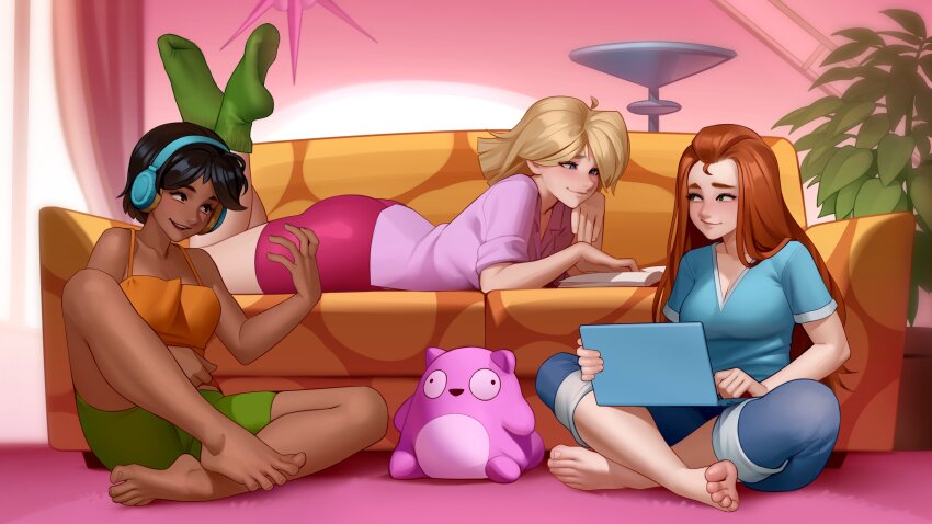 3girls absurdres air_guitar alex_(totally_spies) barefoot black_hair blonde_hair blue_eyes blue_pants blue_shirt blush book clover_(totally_spies) commentary commission computer couch curtains dark-skinned_female dark_skin english_commentary feet feet_up green_shorts green_socks hand_up headphones highres indian_style indoors kairunoburogu lapels laptop long_hair looking_at_another lying medium_hair multiple_girls notched_lapels on_couch on_floor on_stomach open_book pants parted_lips pink_shirt pink_skirt plant potted_plant reading red_hair sam_(totally_spies) second-party_source shirt short_sleeves shorts sitting skirt smile socks soles stuffed_animal stuffed_cat stuffed_toy thick_eyebrows thighs toes totally_spies v-neck window