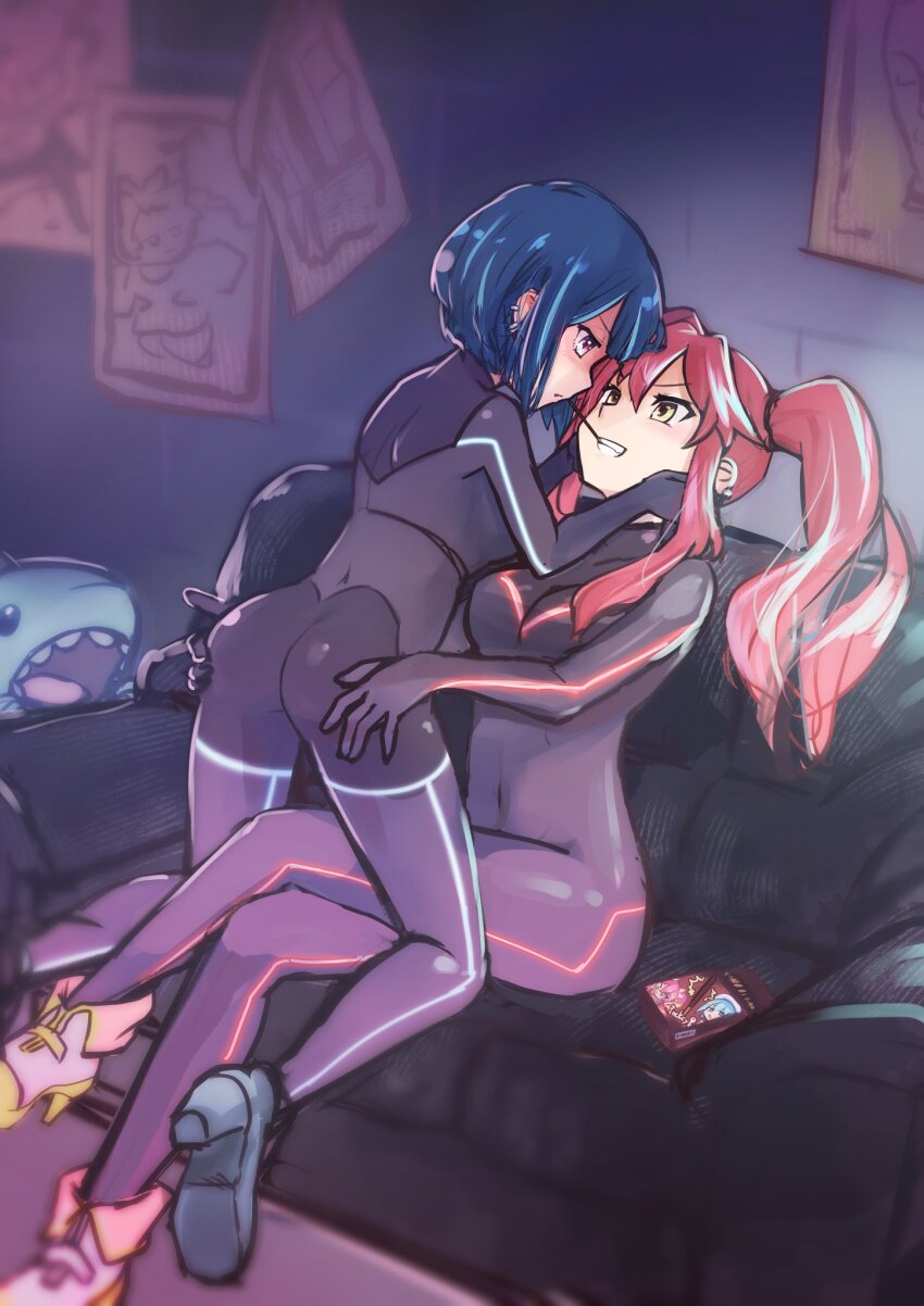 2girls ash_blossom_&amp;_joyous_spring ass blue_hair bodysuit breasts couch covered_navel duel_monster evil_twin_ki-sikil evil_twin_lil-la eye_contact food hand_on_another&#039;s_ass hand_on_another&#039;s_face highres indoors ki-sikil_(yu-gi-oh!) kneeling lil-la_(yu-gi-oh!) long_hair looking_at_another medium_breasts multiple_girls pocky pocky_kiss purple_eyes red_hair shared_food shoes short_hair sitting stuffed_animal stuffed_shark stuffed_toy teeth tora_(oyabaka_tora) twintails yellow_eyes yu-gi-oh! yuri