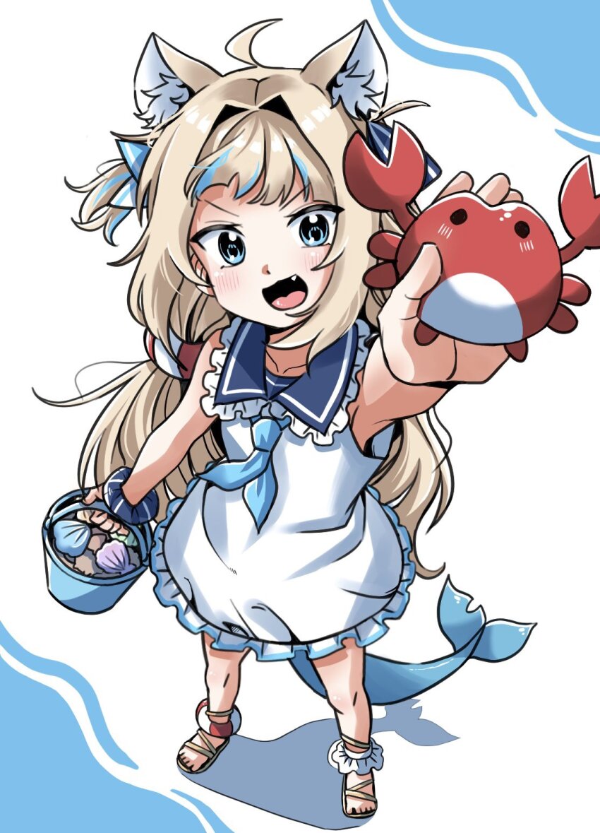 1girl :d ahoge animal_ear_fluff animal_ears blonde_hair blue_background blue_eyes blue_hair blush cat_ears commentary crab dress fang fins fish_girl fish_tail full_body highres holding hya0128 indie_virtual_youtuber lifebuoy_hair_ornament long_hair looking_at_viewer low_twintails multicolored_hair open_mouth sailor_collar sailor_dress sameko_saba sandals shark_tail shell sleeveless sleeveless_dress smile solo standing streaked_hair stuffed_animal stuffed_toy tail twintails two-tone_background virtual_youtuber white_background white_dress