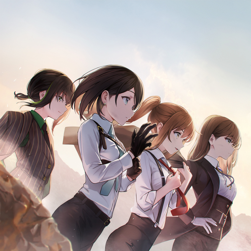 4girls :d adjusting_clothes adjusting_gloves alternate_costume belt black_belt black_gloves black_pants blue_eyes bob_cut brown_hair brown_jacket brown_pants closed_mouth collared_shirt corset enogu formal_clothes from_side gloves green_eyes hand_on_own_hip highres hinata_nao_(iwamotochou_geinousha) iwamotochou_geinousha jacket kagawa_ichigo medium_hair multicolored_hair multiple_girls natsume_haru necktie official_art open_clothes open_jacket open_mouth outdoors pant_suit pants ponytail red_neckwear shirafuji_tamaki shirt short_ponytail smile streaked_hair suit suzuki_anzu virtual_youtuber white_shirt wing_collar