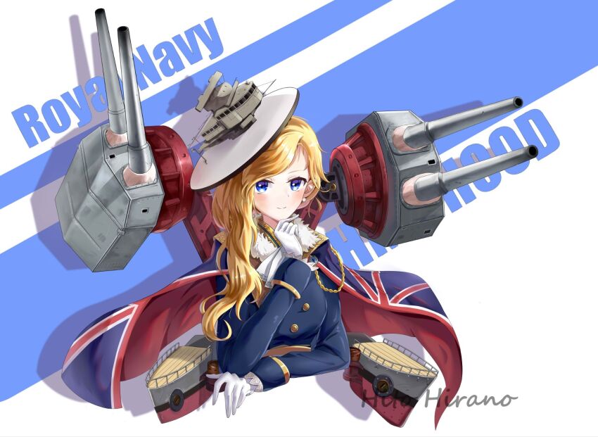 1girl artist_name ascot azur_lane blonde_hair blue_eyes capelet character_name earrings frilled_ascot frills gloves hair_over_shoulder hand_on_own_chin hat highres hood_(azur_lane) jewelry rigging ship_turret smile solo union_jack union_jack_print upper_body user_kjya8757 white_gloves