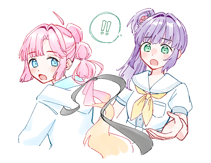 ! !! 2girls :o ahoge anyoji_hime artistic_error black_ribbon blonde_hair blue_eyes blunt_bangs blush breast_pocket commentary_request cropped_torso detached_ahoge dress flower gradient_hair green_eyes hair_bun hair_flower hair_ornament hair_ribbon hand_up hasu_no_sora_school_uniform highres hood hooded_jacket jacket link!_like!_love_live! long_hair love_live! multi-tied_hair multicolored_hair multiple_girls neckerchief open_mouth otomune_kozue pink_hair pocket ponytail puffy_short_sleeves puffy_sleeves purple_hair red_flower ribbon sailor_collar sailor_dress school_uniform short_sleeves side_ponytail sidelocks single_side_bun speech_bubble split_mouth spoken_exclamation_mark summer_uniform swept_bangs unworn_ribbon very_long_hair virtual_youtuber white_dress white_jacket white_sailor_collar yellow_neckerchief zangemiya