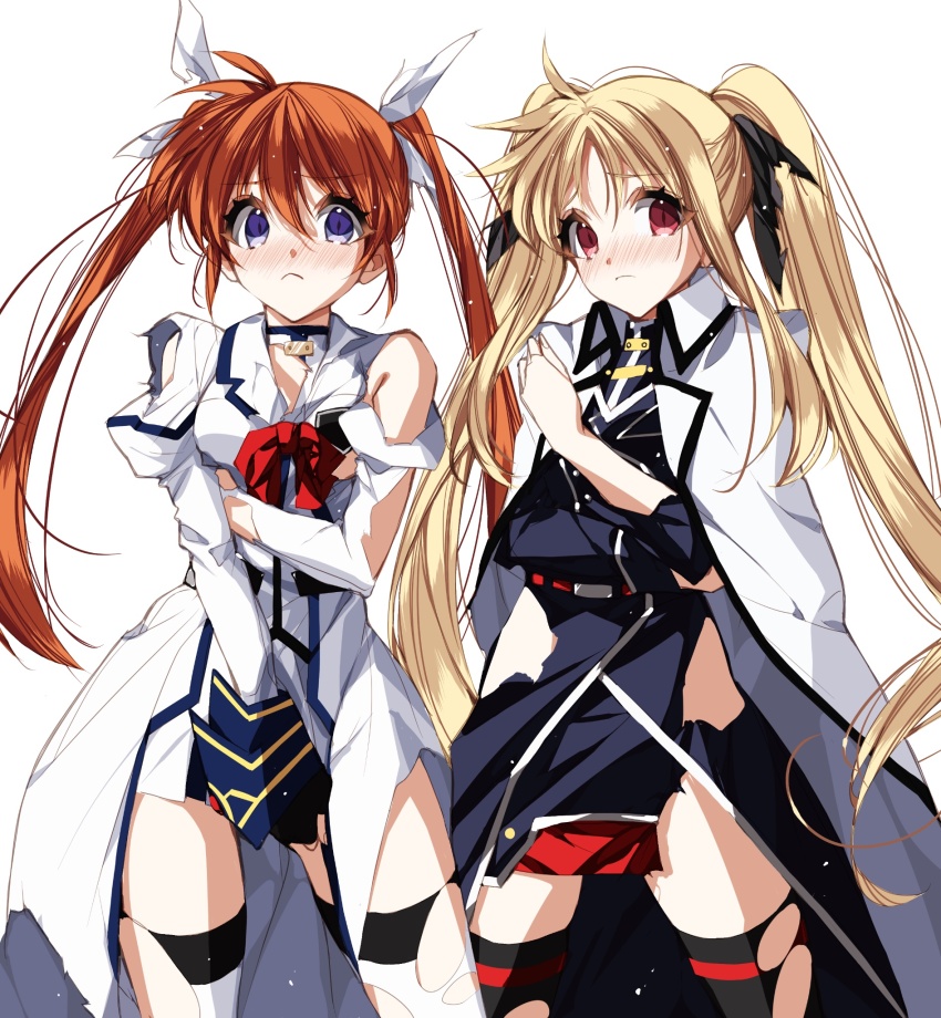 2girls black_bow black_dress black_gloves black_thighhighs blonde_hair blue_eyes blue_sleeve_cuffs blush bow bowtie breasts brown_hair buttons closed_mouth coat coat_on_shoulders collared_coat collared_shirt commentary commission covering_privates cowboy_shot dress embarrassed eyelashes fate_testarossa fate_testarossa_(impulse_form) fingerless_gloves frown gloves hair_between_eyes hair_bow hand_on_own_chest highres juliet_sleeves lapels legs_apart light_particles long_dress long_hair long_sleeves looking_at_viewer lyrical_nanoha magical_girl mahou_shoujo_lyrical_nanoha_strikers miniskirt misteor multiple_girls notched_lapels open_clothes open_coat pleated_skirt puffy_sleeves red_bow red_bowtie red_eyes shirt simple_background single_bare_shoulder skeb_commission skirt sleeve_cuffs sleeves_past_wrists standing takamachi_nanoha takamachi_nanoha_(aggressor_mode) tareme thighhighs torn_clothes torn_coat torn_dress torn_shirt torn_thighhighs twintails white_background white_bow white_coat white_shirt white_skirt white_thighhighs