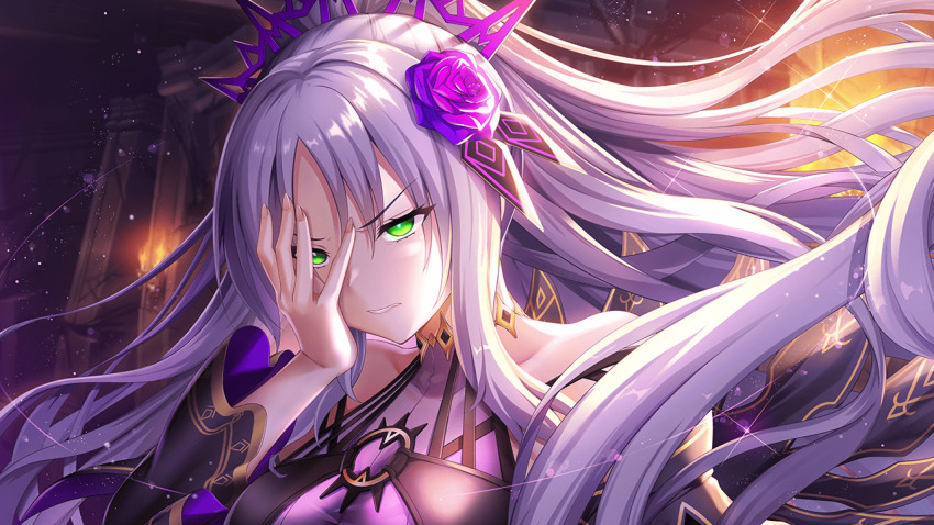1girl bare_shoulders clenched_teeth dana_darrell_domyoji deep_one_kyomu_to_mugen_no_fragment dress floating_hair flower green_eyes hair_between_eyes hair_flower hair_ornament hand_on_own_cheek hand_on_own_face light_particles long_hair looking_at_viewer natsuhiko non-web_source purple_flower purple_hair purple_rose rose shooting_star sky solo teeth very_long_hair
