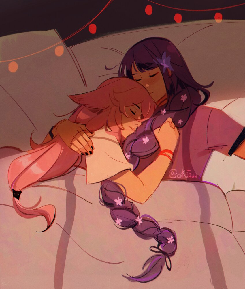 2girls absurdres animal_ears arm_around_shoulder bed black_hair blunt_bangs braid breast_pillow closed_eyes closed_mouth couple dikatsuu fairy_lights flower fox_ears genshin_impact hair_flower hair_ornament head_rest highres indoors long_hair low-tied_long_hair lying multiple_girls on_back pink_hair purple_hair raiden_shogun shirt single_braid sleeping straight_hair string_lights t-shirt twitter_username under_covers upper_body white_shirt yae_miko yuri