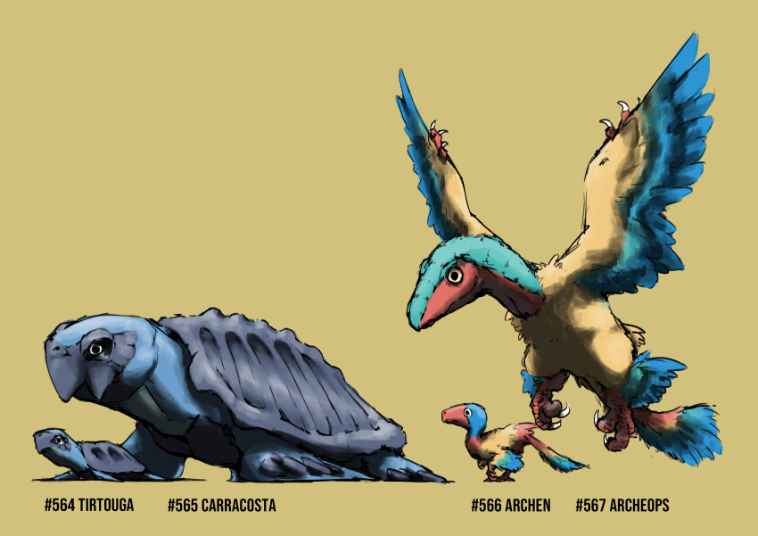 absurdres animal_focus archen archeops bird black_eyes blacknirrow carracosta character_name claws closed_mouth english_text evolutionary_line full_body gen_5_pokemon highres nintendo no_humans pokedex_number pokemon pokemon_(creature) realistic shell simple_background sketch standing tirtouga turtle yellow_background