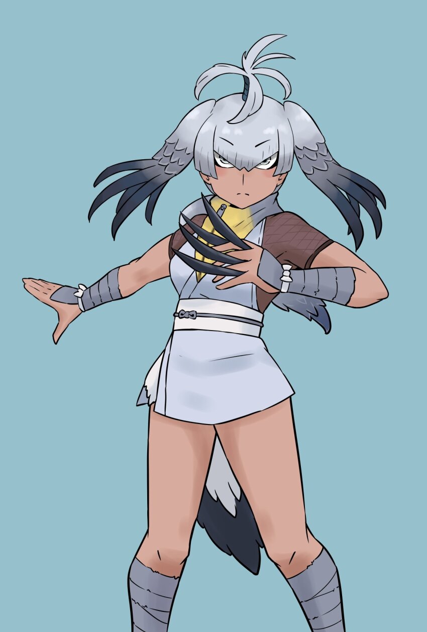 1girl belt bird_girl bird_tail bird_wings blue_background blush fishnet_top fishnets gauntlets gravi_pig4891 green_eyes grey_hair grey_kimono grey_scarf hair_between_eyes head_wings highres japanese_clothes kemono_friends kimono knife leg_wrap looking_at_viewer multicolored_hair ninja obi ponytail sash scarf shirt shoebill_(ex)_(kemono_friends) short_hair short_kimono short_sleeves sidelocks solo t-shirt tail throwing_knife weapon white_belt wings yellow_scarf