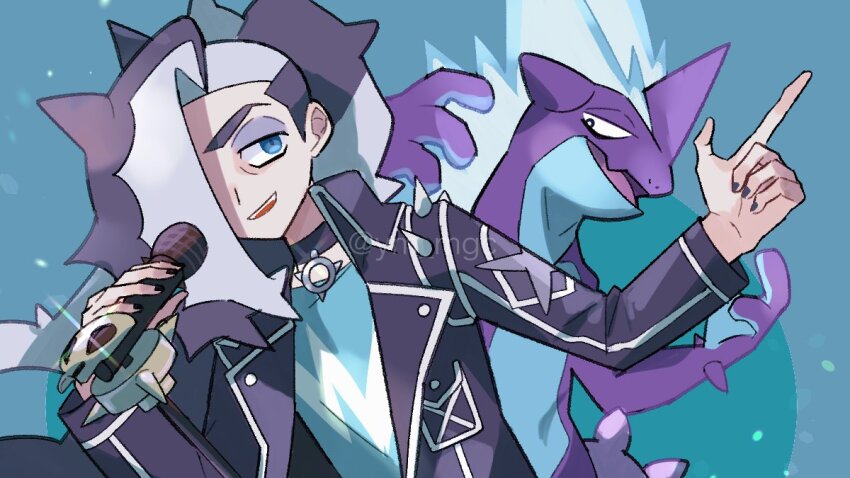 1boy black_hair black_jacket blue_background blue_eyes blue_shirt eyeshadow gen_8_pokemon jacket makeup male_focus microphone_stand multicolored_hair nail_polish nintendo official_alternate_costume open_mouth pendant_choker piers_(pokemon) piers_(sygna_suit)_(pokemon) pokemon pokemon_(creature) pokemon_masters_ex shirt smile sparkle toxtricity toxtricity_(low_key) twitter_username two-tone_hair upper_body white_hair yunme