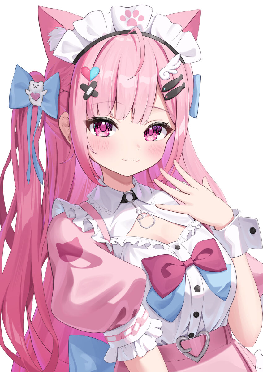 1girl :3 absurdres ahoge animal_ears bandaid bandaid_hair_ornament belt black_choker blue_bow blush bow braid breasts cat_choker cat_ears cat_girl choker cleavage_cutout closed_mouth clothing_cutout commentary crossed_bandaids dress extra_ears fish_hair_ornament ghost_hair_ornament hair_bow hair_ornament hairclip hand_up heart heart_hair_ornament highres indie_virtual_youtuber kag_tsukimi long_hair looking_at_viewer maid maid_headdress o-ring o-ring_choker paw_print pink_belt pink_bow pink_dress pink_eyes pink_hair short_sleeves simple_background smile solo virtual_youtuber white_background white_wrist_cuffs wing_hair_ornament wrist_cuffs yuuki_sakuna