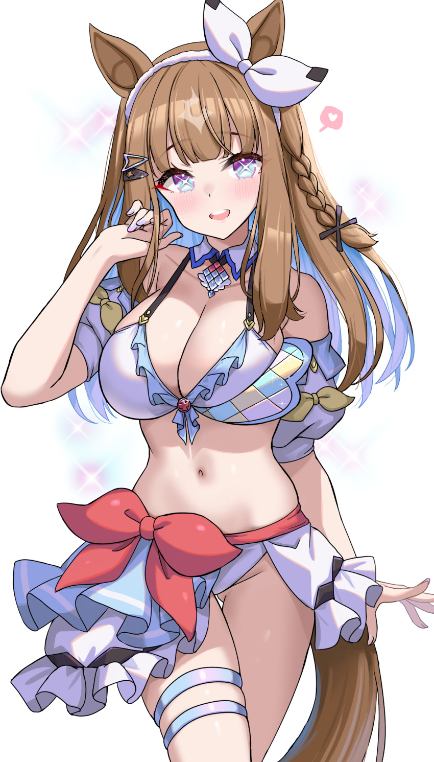 1girl absurdres almond_eye_(umamusume) alternate_costume animal_ears bikini blue_eyes blue_hair blue_nails blush bow bow_hairband braid breasts brown_hair cleavage colored_inner_hair cross-shaped_pupils fingernails hairband highres horse_ears horse_girl horse_tail kibihimi large_breasts long_hair looking_at_viewer multicolored_hair nail_polish open_mouth side_braid simple_background single_braid skindentation smile solo swimsuit symbol-shaped_pupils tail thighs umamusume white_background white_bikini white_bow white_hairband