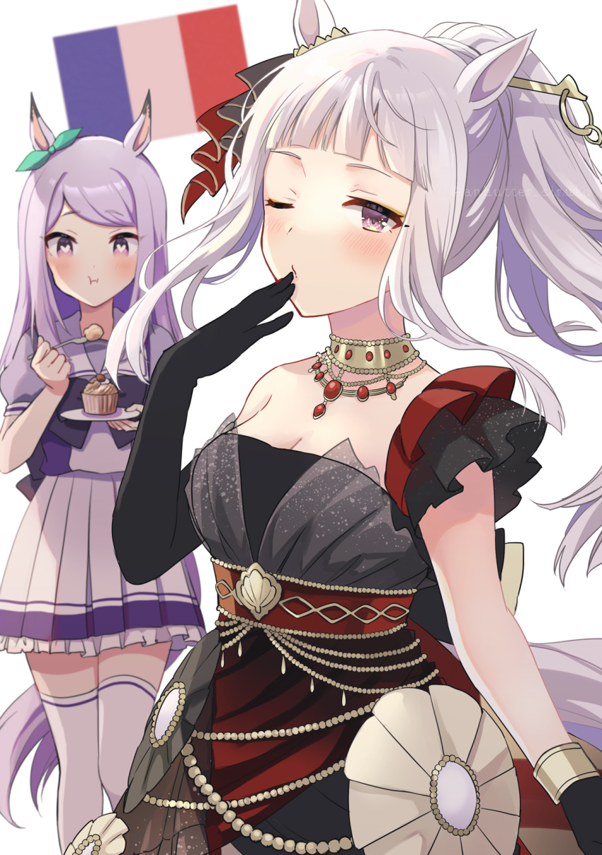 2girls alternate_costume anbutter_siruko animal_ears asymmetrical_gloves black_dress black_gloves blunt_bangs bow dress eating french_flag gloves gold_ship_(umamusume) highres horse_ears horse_tail jewelry long_hair mejiro_mcqueen_(umamusume) multiple_girls necklace one_eye_closed pleated_skirt ponytail puffy_sleeves purple_bow purple_hair purple_shirt sailor_collar school_uniform serafuku shirt short_sleeves simple_background skirt summer_uniform tail thighhighs tracen_school_uniform two-tone_shirt umamusume white_background white_sailor_collar white_skirt white_thighhighs