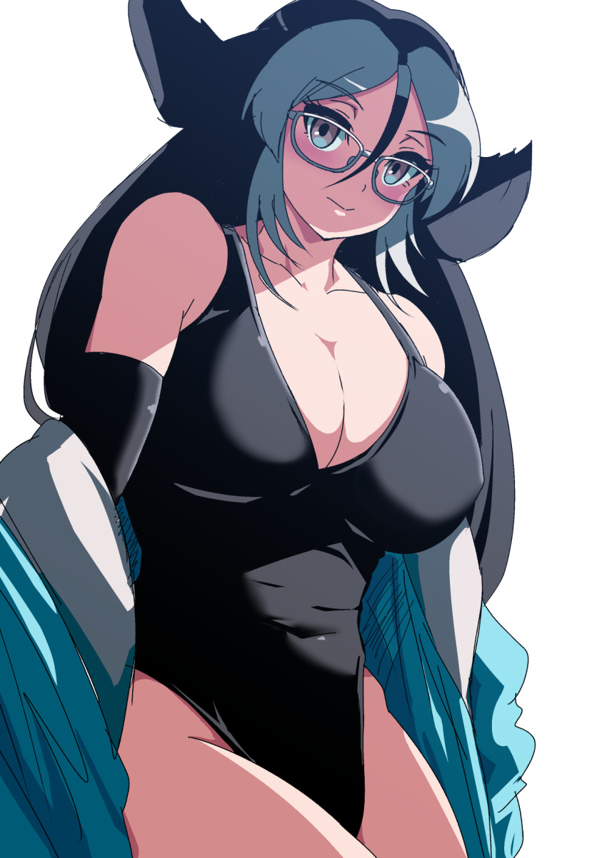 1girl black_gloves black_hair black_one-piece_swimsuit breasts brown_eyes california_sea_lion_(kemono_friends) cleavage collarbone covered_navel elbow_gloves glasses gloves grey-framed_eyewear grey_hair highres kemono_friends large_breasts long_hair looking_at_viewer mamiyama multicolored_hair one-piece_swimsuit solo swimsuit