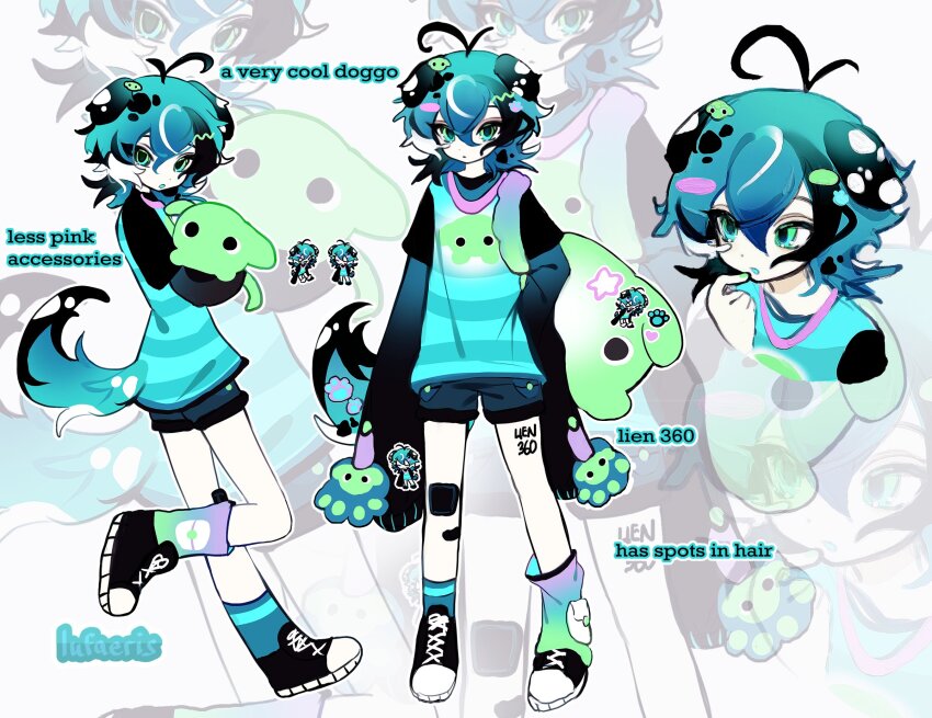 1boy adoptable animal_ears antenna_hair black_shoes blue_eyes blue_hair blue_shirt blue_shorts closed_mouth cloud_(lufaeris) commentary dog_boy dog_ears dog_tail double-parted_bangs english_commentary hair_between_eyes highres looking_at_viewer male_focus multiple_views open_mouth original reference_sheet shirt shoes short_hair shorts striped_clothes striped_shirt tail zoom_layer