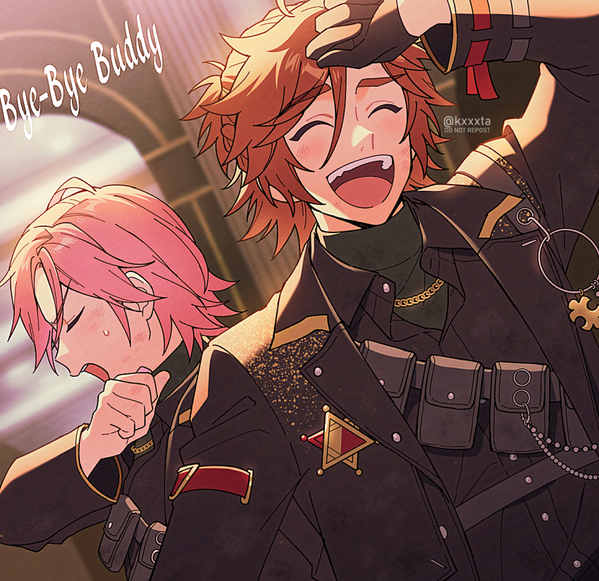 2boys black_gloves black_jacket black_shirt braid closed_eyes closed_mouth ensemble_stars! gloves hexagram jacket kiri_futoshi long_sleeves male_focus mikejima_madara multiple_boys open_mouth oukawa_kohaku pink_hair puzzle_piece_ornament shirt short_hair star_of_david twitter_username upper_body