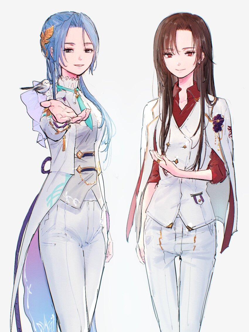 alternate_costume bird black_hair blue_eyes blue_hair hanamura_shiki heaven_burns_red highres jacket jacket_on_shoulders kulfiq long_hair multiple_girls pants parted_bangs red_eyes shirt sidelocks tailcoat white_pants white_shirt yanagi_mion