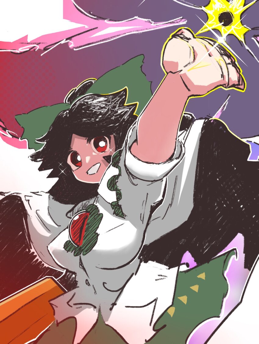1girl arm_cannon black_hair black_sun black_wings bow breasts bright_pupils cape commentary control_rod_(touhou) cowboy_shot green_bow green_skirt grin hair_bow highres long_hair looking_at_viewer medium_breasts puffy_short_sleeves puffy_sleeves purple_background red_eyes reiuji_utsuho rn_(sbr2933090) shirt short_sleeves skirt smile solo sun symbol-only_commentary third_eye touhou weapon white_cape white_pupils white_shirt wings