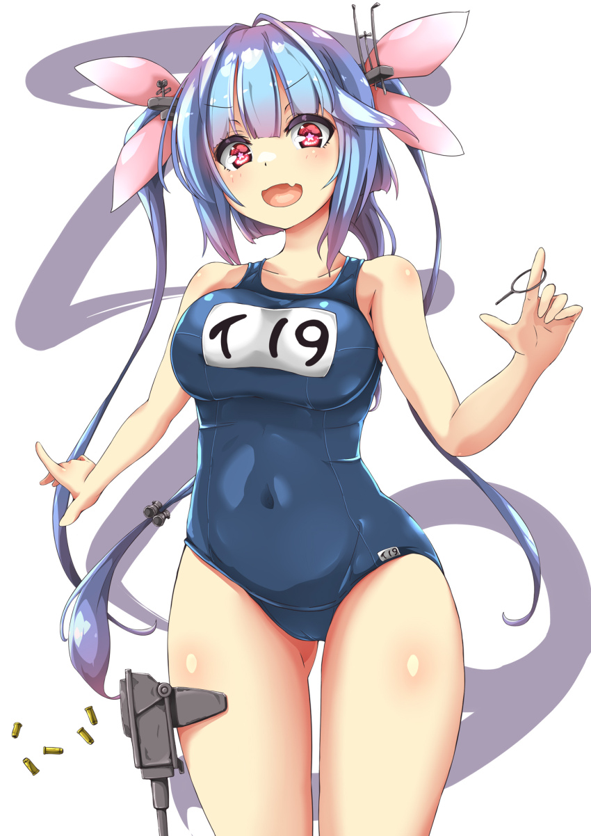 1girl blue_hair blue_one-piece_swimsuit character_name covered_navel cowboy_shot fang gun highres i-19_(kancolle) kantai_collection name_tag one-piece_swimsuit open_mouth red_eyes school_swimsuit shell_casing skin_fang solo standing star-shaped_pupils star_(symbol) swimsuit symbol-shaped_pupils tri_tails twintails unomi weapon