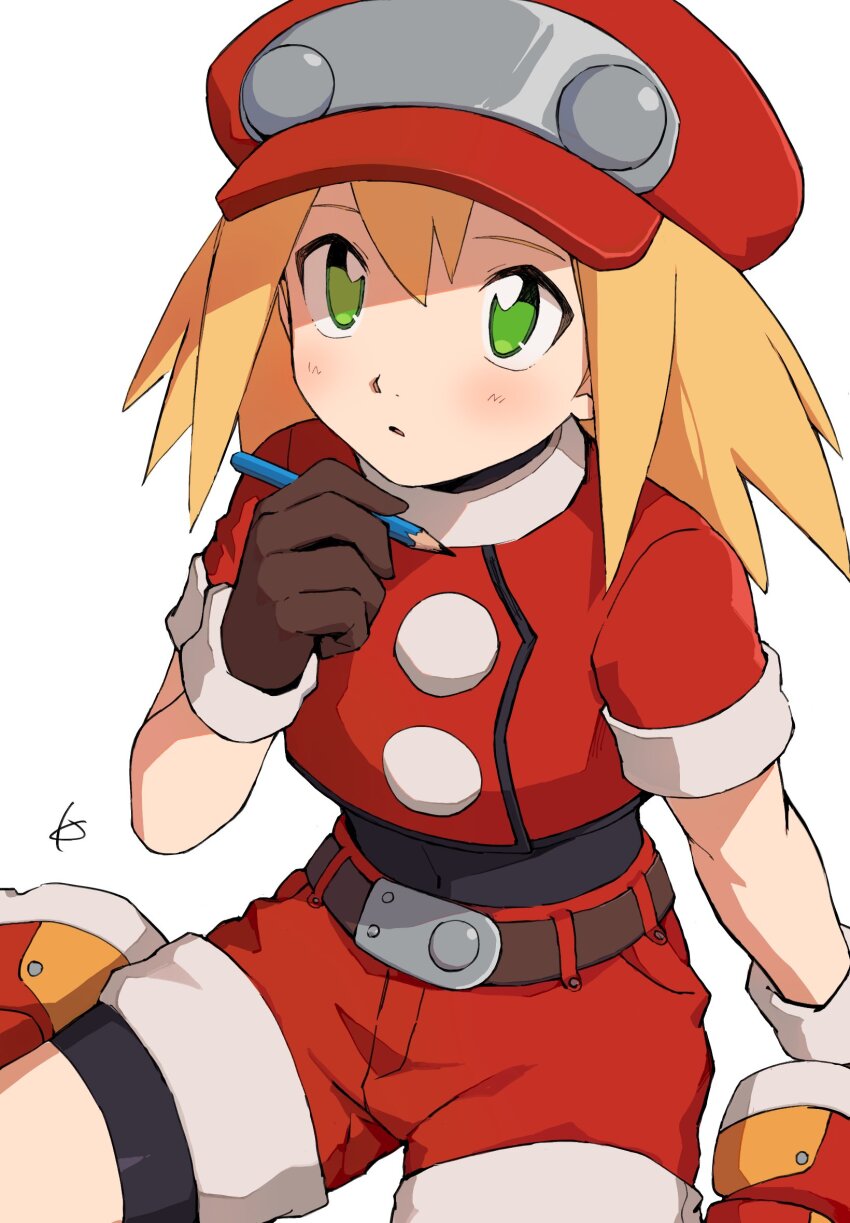 1girl black_bodysuit blonde_hair blush bodysuit bodysuit_under_clothes breasts commentary_request covered_navel cropped_jacket green_eyes highres jacket karen_(karenoni1031) looking_up medium_breasts mega_man_(series) mega_man_legends_(series) pencil red_headwear red_jacket red_shorts roll_caskett_(mega_man) shorts simple_background sitting solo white_background