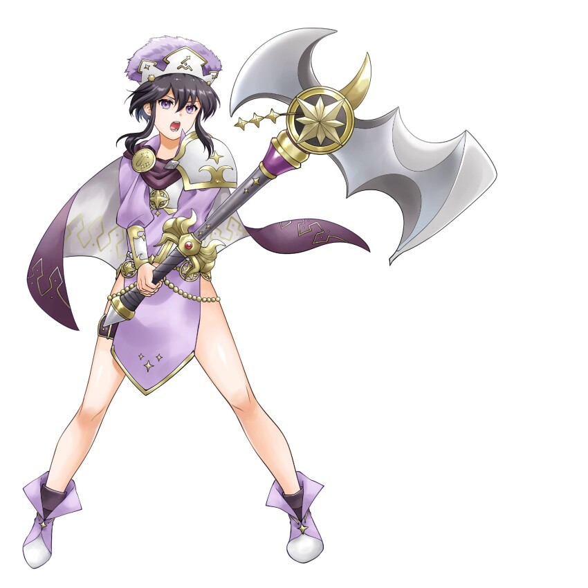 1girl armor axe black_hair boots bracer cape commission commissioner_upload fire_emblem fire_emblem:_genealogy_of_the_holy_war hat highres holding holding_axe jewelry larcei_(fire_emblem) larcei_(scion)_(fire_emblem) legs_apart midori_no_baku nintendo official_alternate_costume short_hair shoulder_armor sidelocks skeb_commission solo standing thighlet weapon white_background