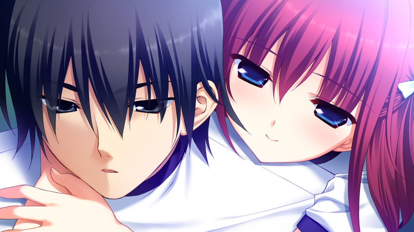 1boy 1girl arms_around_neck black_hair blue_eyes bow closed_mouth fumio_(ura_fmo) game_cg grey_eyes grisaia_(series) grisaia_no_kajitsu gym_shirt hair_between_eyes hair_bow head_on_another&#039;s_shoulder highres hug kazami_yuuji long_hair non-web_source open_mouth portrait red_hair shirt short_hair short_sleeves smile suou_amane white_bow white_shirt