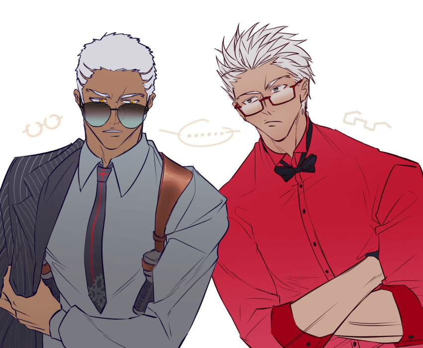 ... 2boys archer_(fate) black_bow black_bowtie black_necktie bow bowtie commentary_request crew_cut crossed_arms dark-skinned_male dark_skin dressing dual_persona emiya_alter emiya_alter_(formal_dress) fate/grand_order fate_(series) formal_clothes frown glasses grey_eyes gun handgun highres holster jacket male_focus multiple_boys necktie semi-rimless_eyewear shared_speech_bubble shinkaifuyuki shoulder_holster sleeves_rolled_up speech_bubble spoken_ellipsis striped_clothes striped_jacket suit sunglasses traditional_bowtie under-rim_eyewear weapon white_hair yellow_eyes