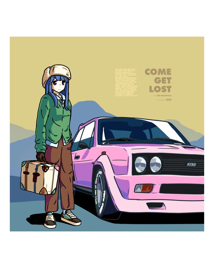 1girl artist_name black_gloves black_shoes blue_hair blue_shirt border briefcase brown_hat brown_pants car character_name commentary cosplay duz english_commentary english_text fiat fiat_131_abarth fur_hat gloves green_jacket hat highres holding holding_briefcase jacket long_hair looking_at_viewer motor_vehicle pants papakha purple_eyes real_life shadow shima_rin shirt shoes smile sneakers solo tyler_the_creator tyler_the_creator_(cosplay) white_border yurucamp