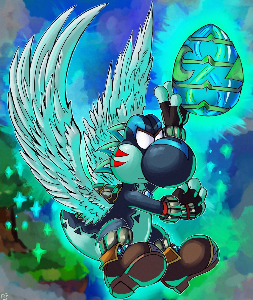 absurdres alternate_color alternate_costume alternate_form alternate_weapon anklet armor armored_legwear aura blue_gemstone brown_footwear chest_jewel clenched_hand cloud cloudy_sky commentary corruption crescent crossover dark_persona double_helix egg english_commentary facial_tattoo feathered_wings fierce_deity fingerless_gloves floating gem gloves glowing glowing_weapon hal_laboratory highres holding holding_egg holding_weapon jewelry looking_to_the_side mario_(series) nintendo no_pupils outdoors possessed possession serious sky stoic_seraphim super_smash_bros. tail tattoo the_legend_of_zelda the_legend_of_zelda:_majora&#039;s_mask transformation tree triangle weapon white_eyes white_wings wings wrist_guards yoshi