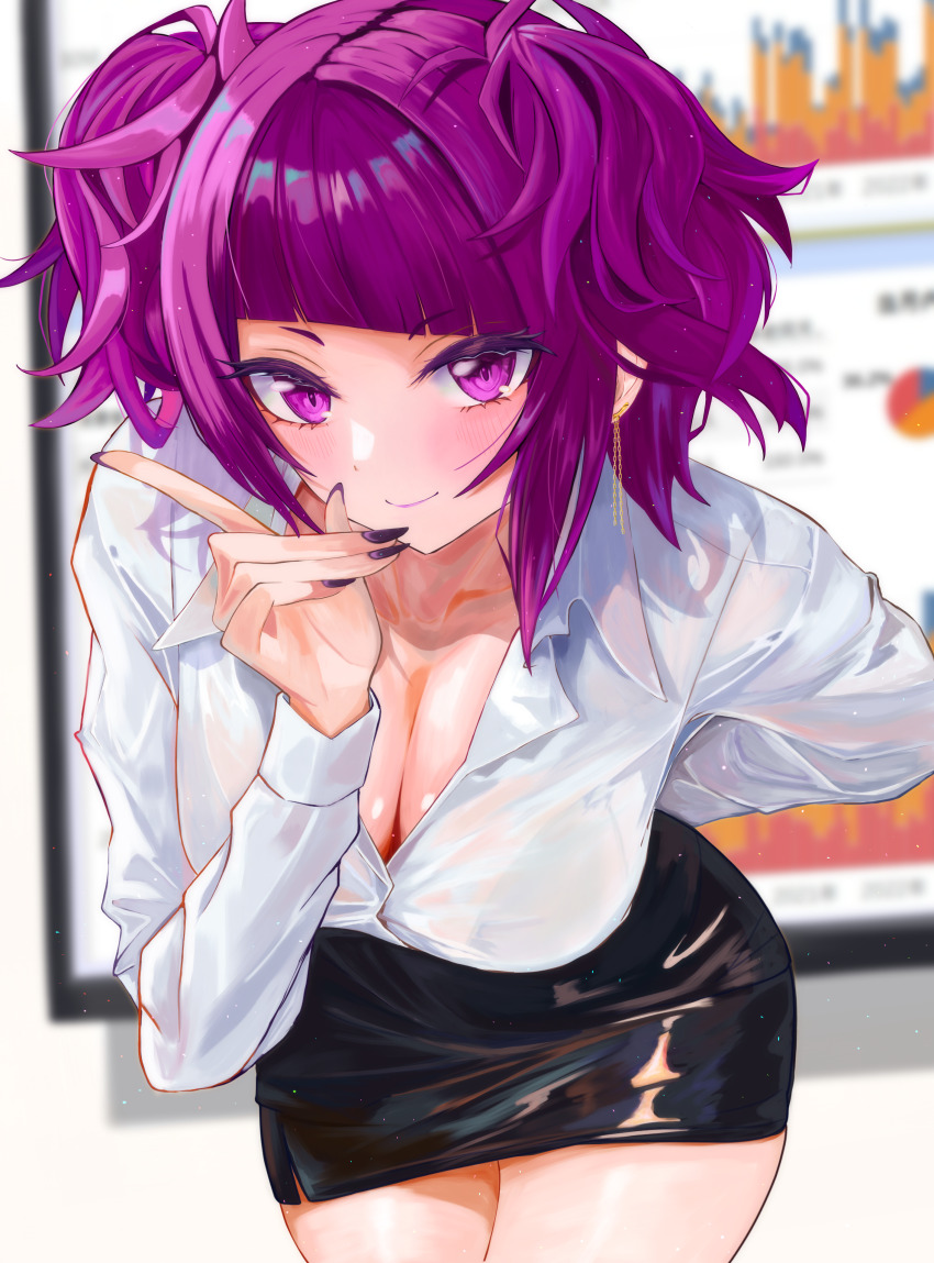 1girl absurdres alternate_costume arm_behind_back black_skirt blunt_bangs blurry blurry_background blush commentary_request diagonal_bangs fingernails graph highres idolmaster idolmaster_shiny_colors index_finger_raised indoors leaning_forward looking_at_viewer miniskirt nail_polish office_lady pencil_skirt purple_eyes purple_hair shirt skirt smile solo tanaka_mamimi thighs white_shirt yamanade38