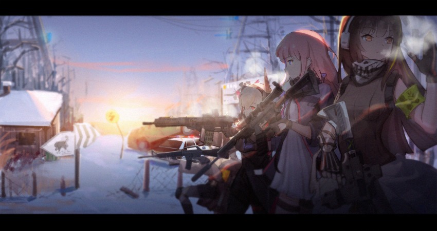 4girls anti-rain_(girls&#039;_frontline) ar-15 armband assault_rifle black_hair building car clothes_around_waist damaged ear_protection emblem eotech fence fingerless_gloves girls&#039;_frontline gloves graphite_(medium) gun hand_gesture hand_up headgear highres jacket jacket_around_waist letterboxed m16 m16a1 m16a1_(girls&#039;_frontline) m4_carbine m4_sopmod_ii_(girls&#039;_frontline) m4a1_(girls&#039;_frontline) motor_vehicle multicolored_hair multiple_girls nib_pen_(medium) pen_(medium) pink_hair police_car power_lines red_eyes rifle road_sign scarf scenery scope sight sign sk_tori skull_print snow st_ar-15_(girls&#039;_frontline) streaked_hair suppressor thigh_strap traditional_media trigger_discipline twilight weapon winter