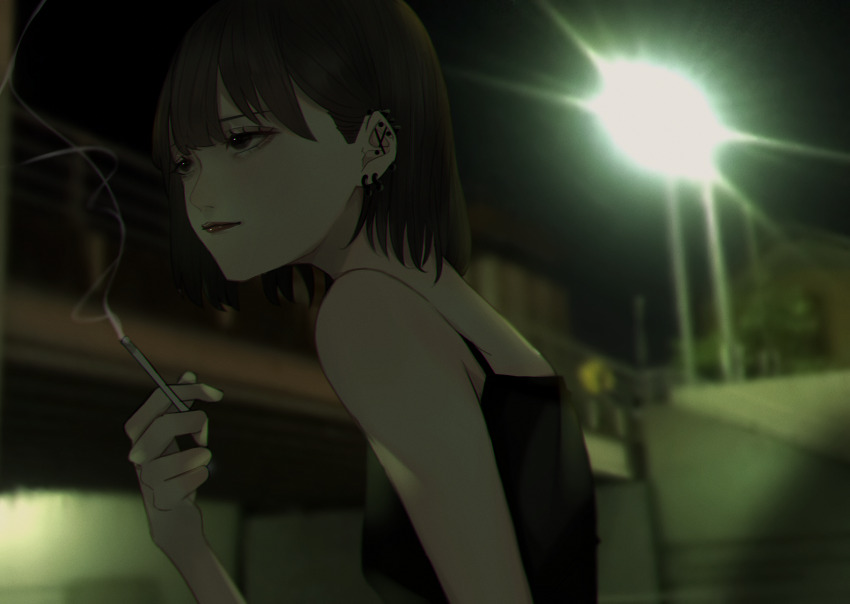 1girl absurdres aegyo_sal barbell_piercing bare_shoulders black_dress black_eyes black_hair blurry blurry_background bob_cut bridge building cigarette cityscape commentary_request dress ear_piercing earrings eyelashes from_side highres holding holding_cigarette jewelry lamppost lipstick makeup mano_aaa night original outdoors photo_background piercing red_lips short_hair smoke smoke_trail smoking solo upper_body