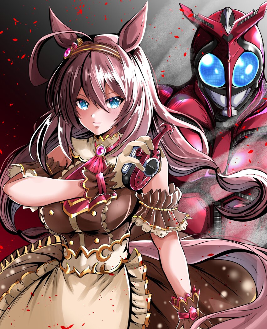 1boy 1girl absurdres animal_ears apron armor blue_eyes breasts brown_dress brown_gloves brown_hair dress frilled_apron frills full_armor gloves hair_between_eyes highres holding horse_ears horse_girl horse_tail kamen_rider kamen_rider_kabuto kamen_rider_kabuto_(series) kentan_(kingtaiki) large_breasts long_hair medium_breasts mihono_bourbon_(umamusume) power_armor smile tail tokusatsu umamusume