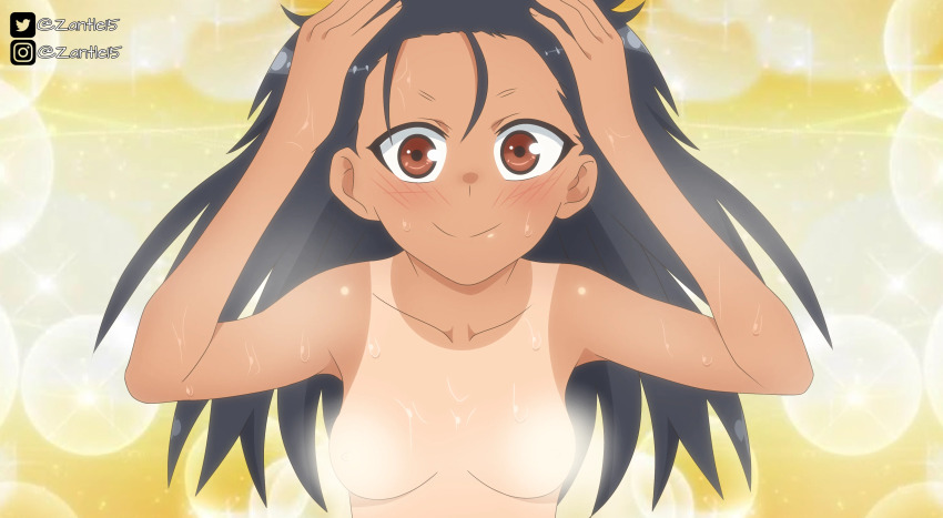 1girl 774_(nanashi) absurdres bathing black_hair blush breasts brown_eyes colorized completely_nude convenient_censoring dark-skinned_female dark_skin hands_on_own_head highres ijiranaide_nagatoro-san nagatoro_hayase nude small_breasts smile solo sparkle_background steam steam_censor tan tanline third-party_edit yellow_background zantle15