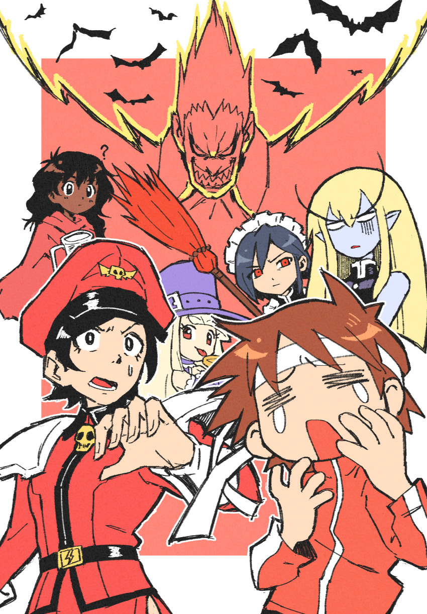 akuma_(street_fighter) bat_(animal) black_hair blonde_hair blue_skin broom brown_hair capcom_fighting_jam colored_skin crying dark-skinned_female dark_skin darkstalkers demitri_maximoff genderswap genderswap_(mtf) hat headband highres ingrid_(capcom) jacket jedah_dohma jewelry kasugano_sakura long_hair m._bison maid maid_headdress midnight_bliss necklace red_eyes ryu_(street_fighter) shoulder_pads skull_necklace spdcooler street_fighter sweatdrop tank_top tongue tongue_out track_jacket white_hair white_headband