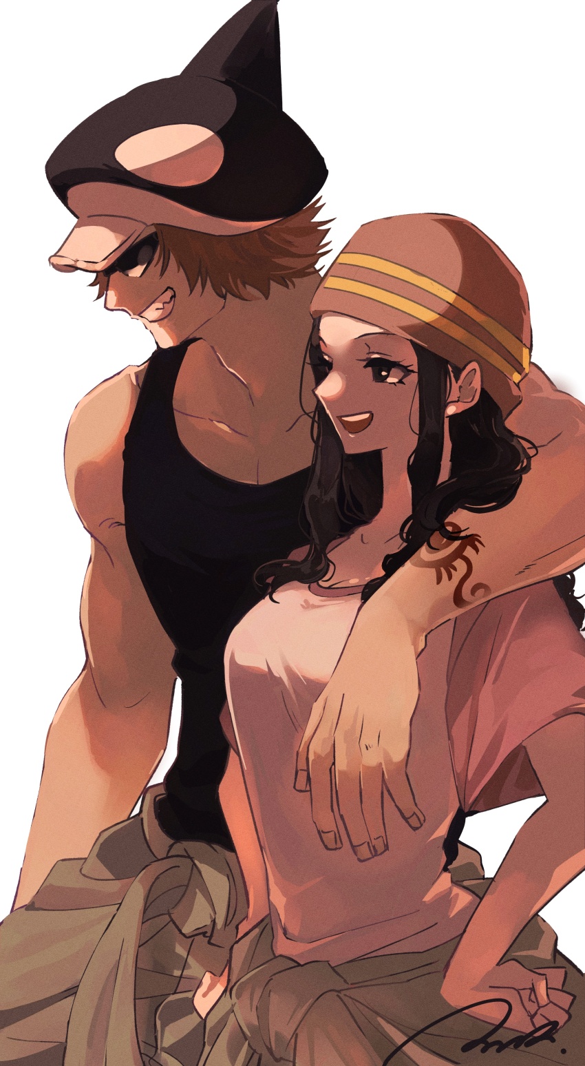 1boy 1girl absurdres arm_tattoo black_hair black_tank_top brown_hair commentary_request cowboy_shot hat highres ikkaku_(one_piece) ink_(winkyinkywinky) looking_ahead one_piece shachi_(one_piece) shirt sidelocks signature simple_background smile sunglasses tank_top tattoo tied_sleeves white_background white_shirt