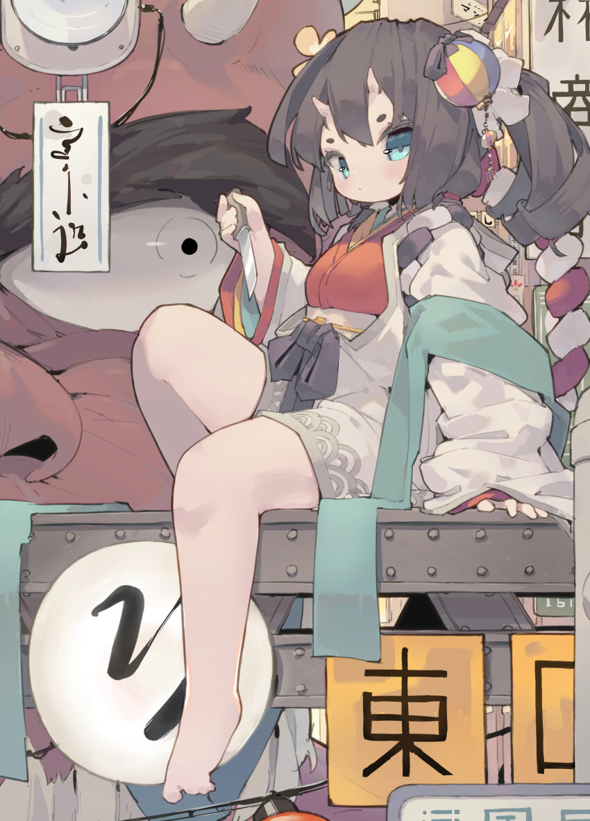 1girl absurdres aqua_eyes barefoot black_ribbon breasts closed_mouth colored_skin hair_ornament highres holding holding_knife horns japanese_clothes kimono knife looking_at_another looking_at_viewer nep_(nep_76) oni original red_skin ribbon sash sitting solo_focus thick_eyebrows thick_thighs thighs translation_request white_kimono wide_sleeves