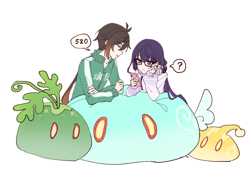 1boy 1girl ? absurdres anemo_slime_(genshin_impact) antenna_hair black-framed_eyewear blunt_bangs brown_hair c520gpss cellphone chinese_clothes closed_eyes closed_mouth collarbone contemporary couple crossed_arms from_side genshin_impact glasses green_jacket green_track_suit hair_between_eyes hair_down hands_up head_rest head_tilt headphones headphones_around_neck highres holding holding_phone hood hoodie jacket long_hair long_sleeves looking_at_object looking_down low_ponytail mole mole_under_eye official_alternate_costume open_mouth phone ponytail purple_eyes purple_hair purple_hoodie raiden_shogun raiden_shogun_(2nd_anniversary) simple_background sitting slime_(genshin_impact) smartphone speech_bubble spoken_question_mark track_suit white_background zhongli_(genshin_impact)