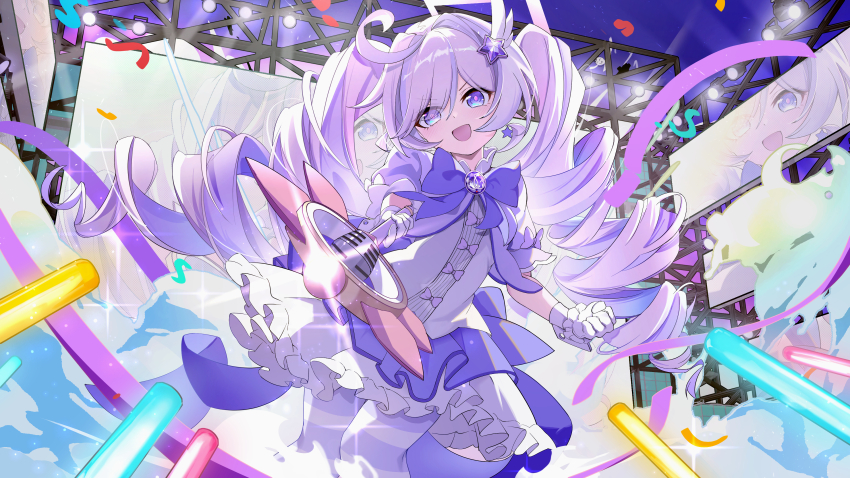 1girl absurdres ahoge blue_archive bow bowtie commentary_request curly_hair dress floating_clothes full_body gloves hair_between_eyes hair_ornament halo highres holding holding_wand lightstick long_hair looking_at_viewer microphone multicolored_hair official_alternate_costume official_alternate_hairstyle open_mouth pantyhose pink_bow pink_hair purple_bow purple_bowtie purple_eyes purple_hair reisa_(blue_archive) reisa_(magical)_(blue_archive) siroka smile solo star_(symbol) star_hair_ornament twintails very_long_hair wand wavy_mouth white_dress white_gloves