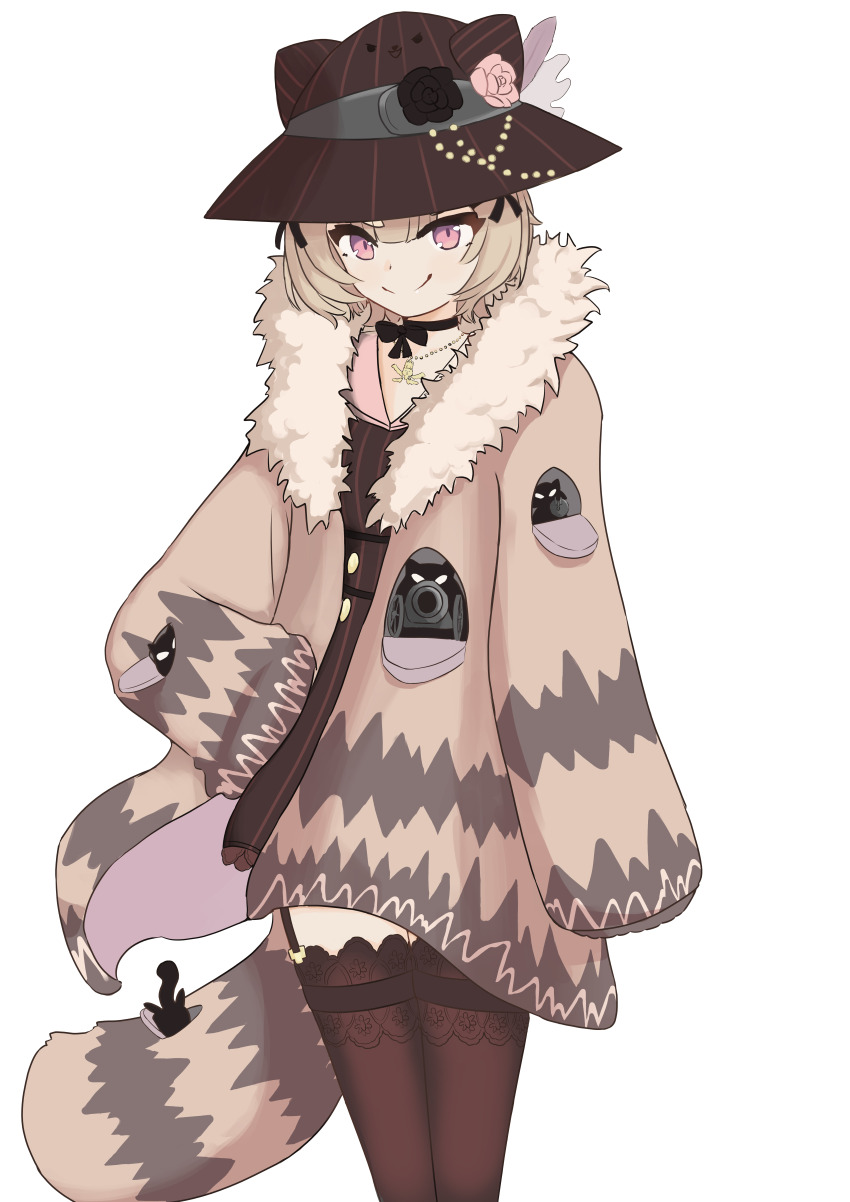 1girl absurdres black_choker blonde_hair brown_dress brown_hat brown_jacket brown_thighhighs choker closed_mouth commentary cowboy_shot dot_nose dress eyelashes fur-trimmed_jacket fur_trim hat highres jacket jewelry komachi_panko long_sleeves necklace omegans open_clothes open_jacket phase_connect pink_eyes red_panda_ears red_panda_girl red_panda_tail short_hair simple_background sleeves_past_fingers sleeves_past_wrists smile solo thighhighs virtual_youtuber white_background