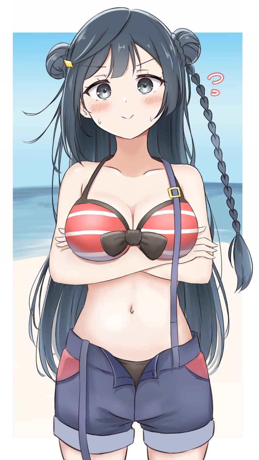 1girl absurdres arms_under_breasts beach bikini bikini_day blue_eyes blue_hair blush braid breasts cleavage commentary_request crossed_arms double_bun embarrassed flying_sweatdrops hair_bun hair_ornament hairclip highres iroha_(nami3) large_breasts light_smile long_hair looking_at_viewer love_live! love_live!_nijigasaki_high_school_idol_club navel red_bikini shorts sky solo suspender_shorts suspenders sweatdrop swimsuit very_long_hair water white_background yuki_setsuna